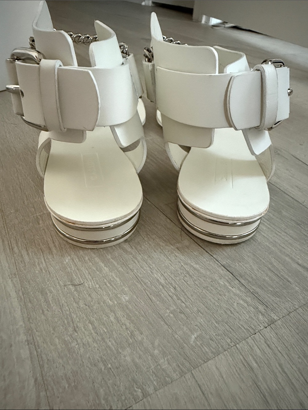 White Chain-Accent Casadei Women's T-Strap Sandals - Picture 11 of 17